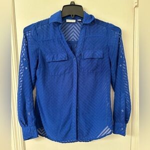 NEW YORK & COMPANY Royal Blue Chevron Sheer Long Sleeve Button Up Shirt XS